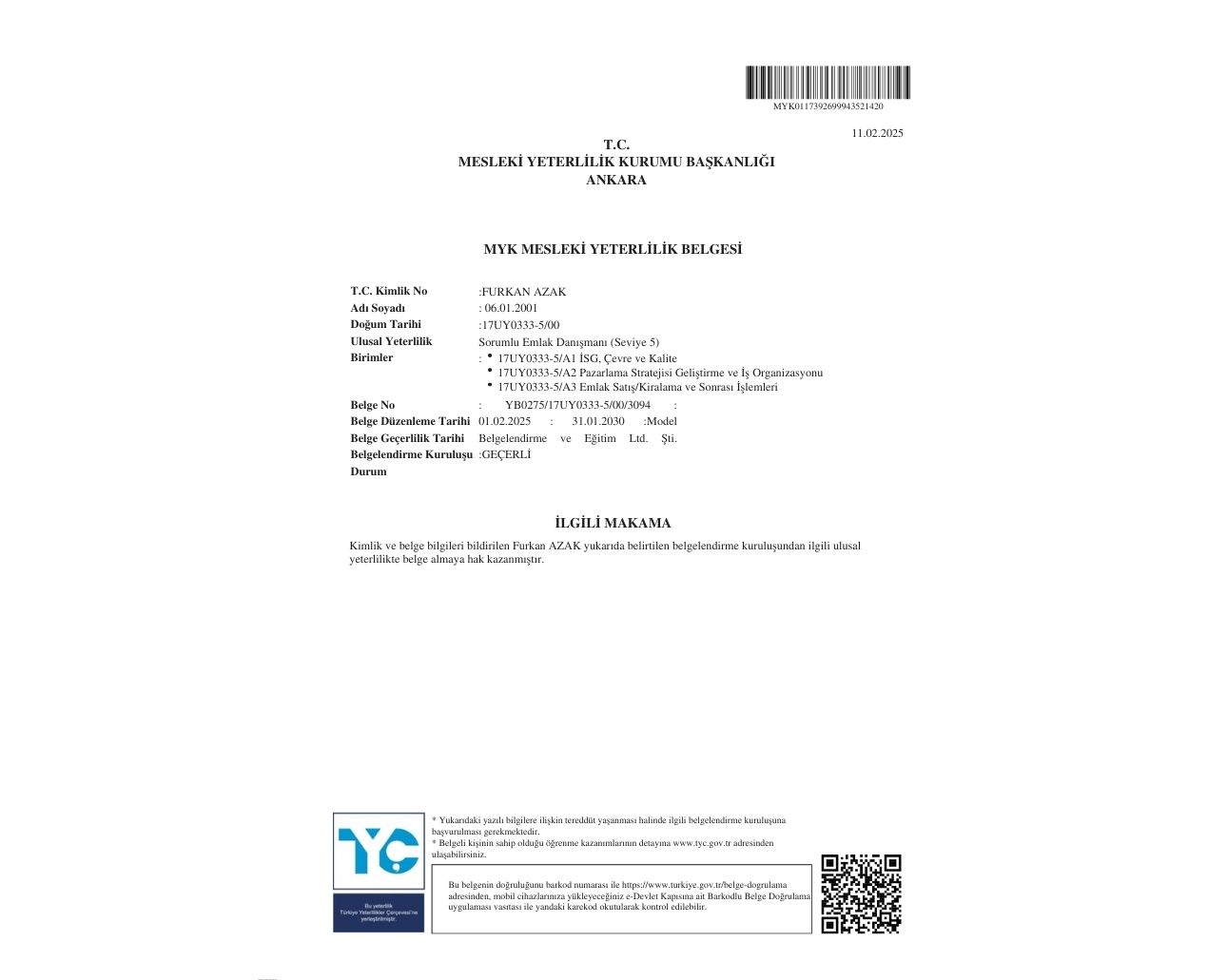 Mesleki Yeterlilik Belgesi